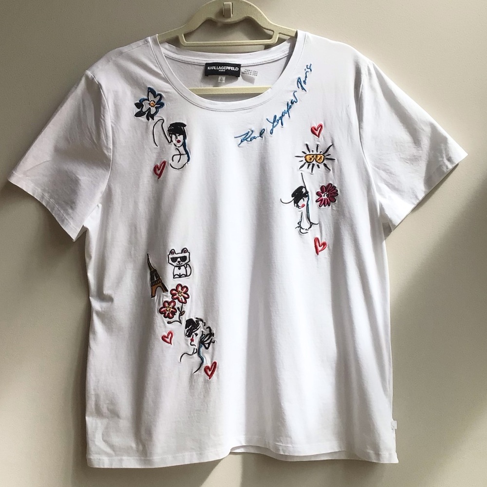Karl Lagerfeld Embroidered Logo Whimsy Short Sleeve Tee Sketch Artwork Paris - Picture 2 of 15
